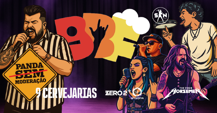 Ilustração de cantor segurando placa escrito 'Panda Sem Moderação', cercado por músicos e logotipos de bandas, ao fundo o logo do evento BBF, com destaque para a frase '9 cervejarias'.