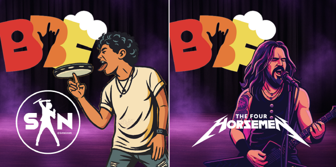 Montagem dividida em dois: à esquerda, percussionista animado com logo BBF ao fundo e nome da banda San; à direita, guitarrista com camiseta preta e logo BBF ao fundo, identificado como integrante da banda The Four Horsemen.