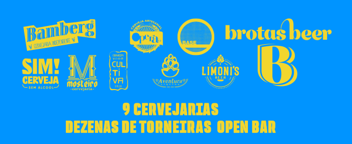 Banner azul com logotipos das cervejarias participantes do evento Brotas Beer, acompanhado da frase '9 cervejarias, dezenas de torneiras open bar' em amarelo.