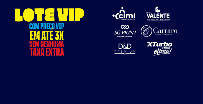 Banner informativo destacando benefícios do lote VIP, com texto em amarelo e azul à esquerda e logotipos de apoiadores e patrocinadores do evento à direita.