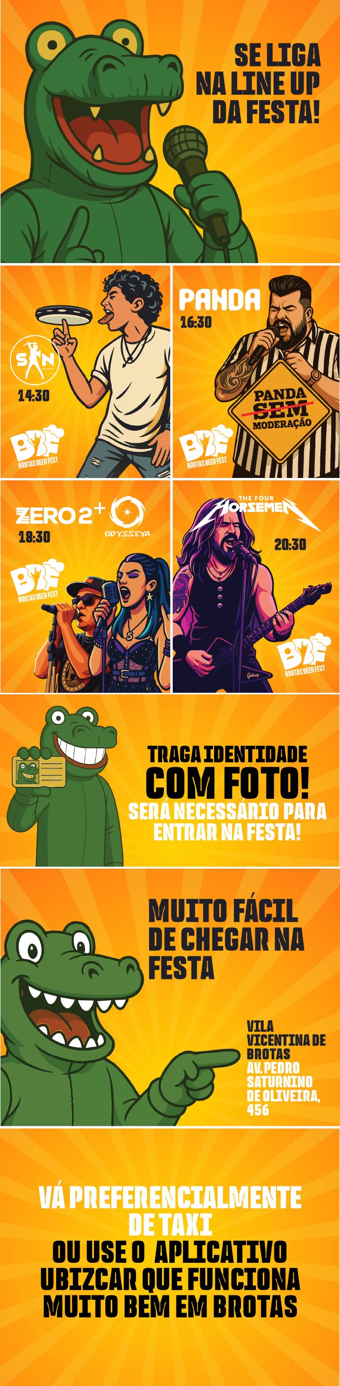 Cartaz colorido do Brotas Beer Fest com fundo laranja e um jacaré verde como mascote. O texto anuncia a line-up da festa: banda San às 14h30, Panda sem Moderação às 16h30, Zero 2 + Odysséya às 18h30 e The Four Horsemen às 20h30. O evento acontece na Vila Vicentina de Brotas, Av. Pedro Saturnino de Oliveira, 456. Recomenda-se ir de táxi ou usar o aplicativo Ubizcar, que funciona bem em Brotas.
